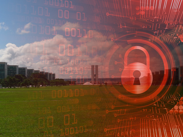 巴西利亚政府大楼的景象,上面有一把红色挂锁,上面叠加了技术细节,表明存在网络攻击