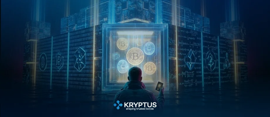 Uma imagem impressionante em estilo cyberpunk e futurista de uma fortaleza digital massiva, semelhante ao edifício do Fort Knox, construída com blocos de circuitos brilhantes, feixes de luz azul e dourada, e paredes feitas de código binário e símbolos matemáticos complexos (representando blockchain e criptografia). No centro dessa fortaleza, há um cofre transparente irradiando luz, cheio de moedas digitais holográficas (Bitcoin, Ethereum). No primeiro plano, uma pessoa solitária, vista de costas, segura um pequeno dispositivo de hardware wallet (carteira fria) que emite o mesmo brilho da fortaleza, olhando para a estrutura gigante. O ambiente é um oceano de dados escuro.