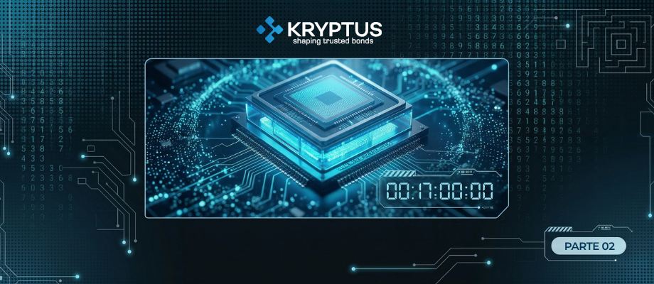 Imagem composta por formas geométricas conectadas, centralizado sobre uma placa de circuito eletrônico digital com linhas de dados brilhantes em um fundo azul-escuro. A imagem possui estética tecnológica e conceitua o tema de criptografia pós-quântica.