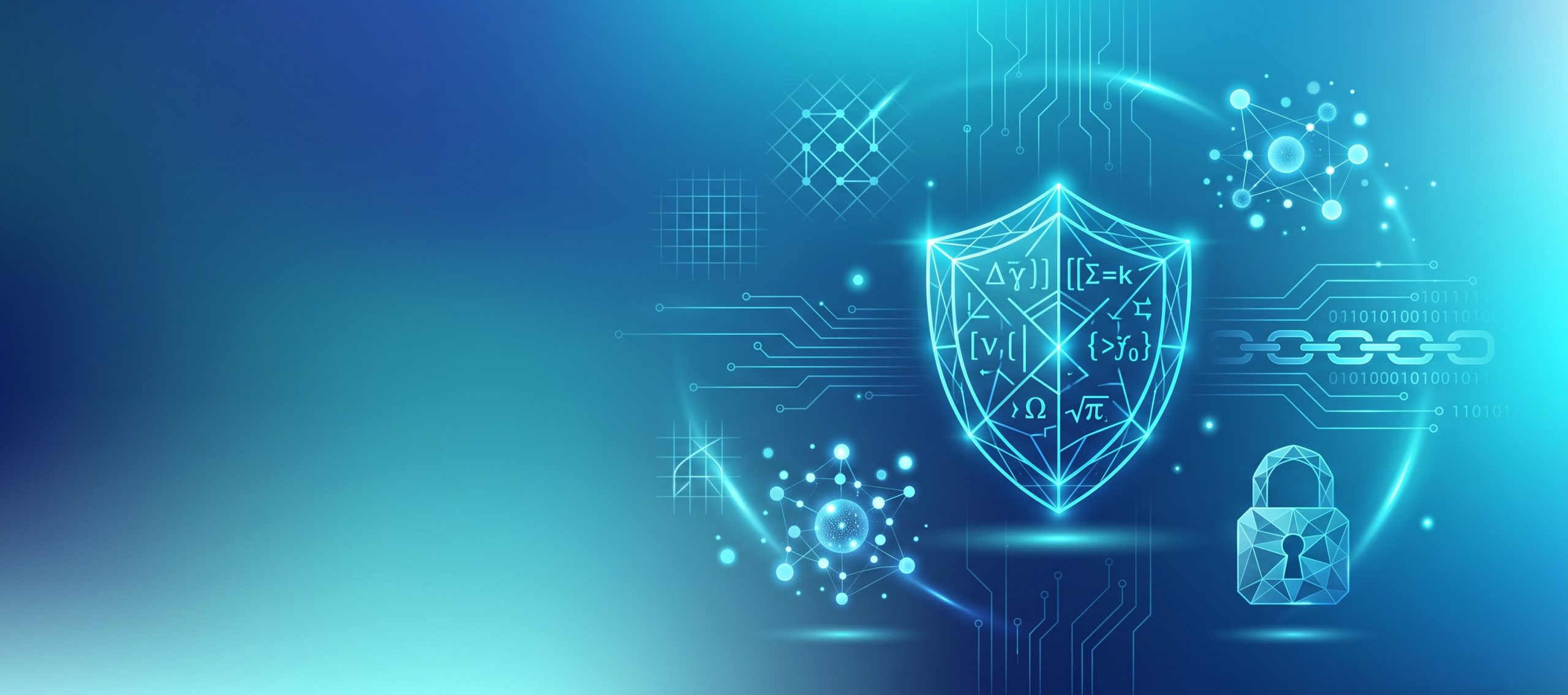 Escudo digital com fórmulas matemáticas simbolizando criptografia pós-quântica